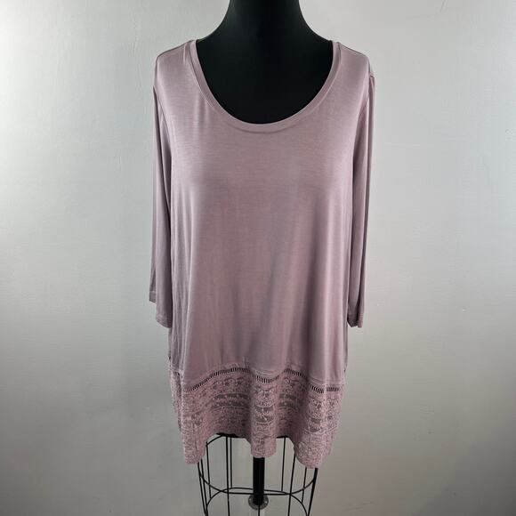 LOGO by Lori Goldstein Lilac Top Floral Lace Hem Scoop Neck 3/4 Sleeve Size 1X - Picture 2 of 10